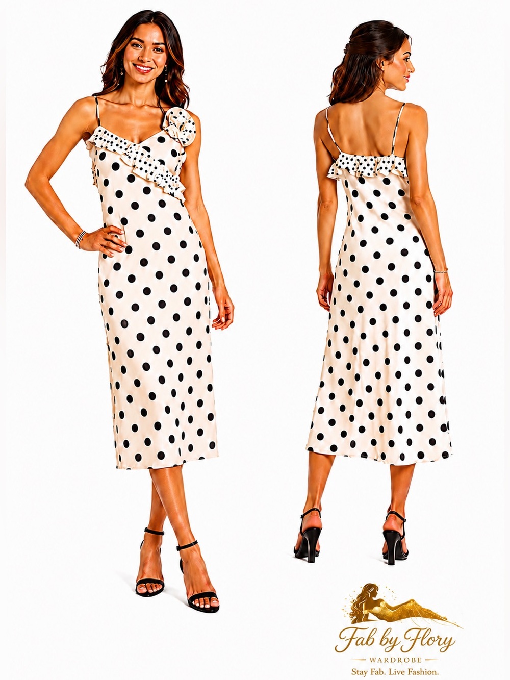 David's Bridal-Adelyn Ray ✨ Black Polka Dot V-Neck Ruffle Sheath Dress